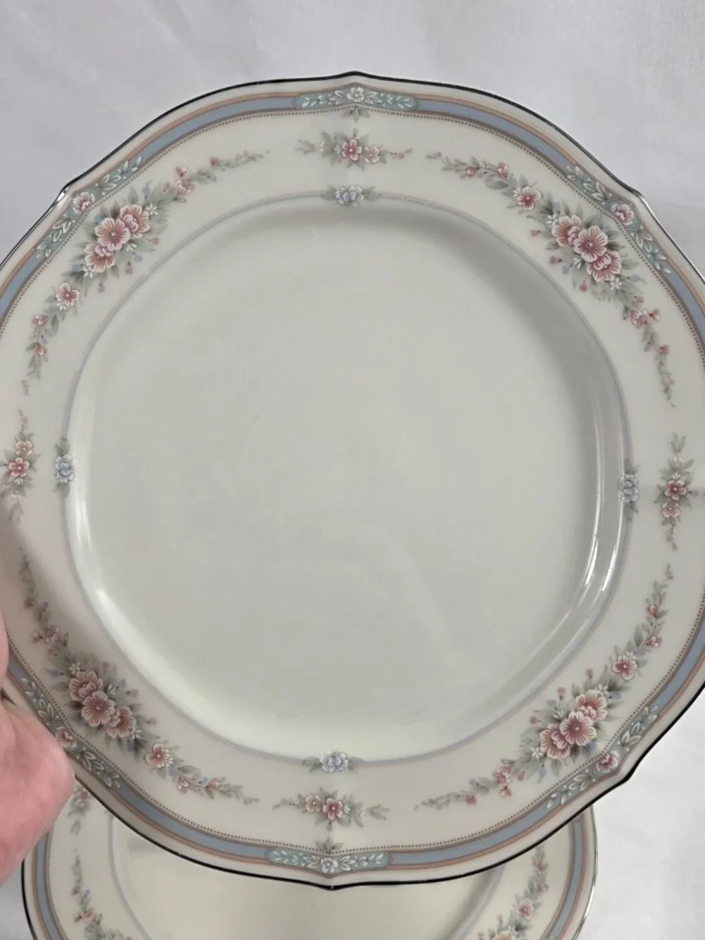 TWO Noritake Rothschild Dinner Plates Ivory Blue Band with Pink Flowers